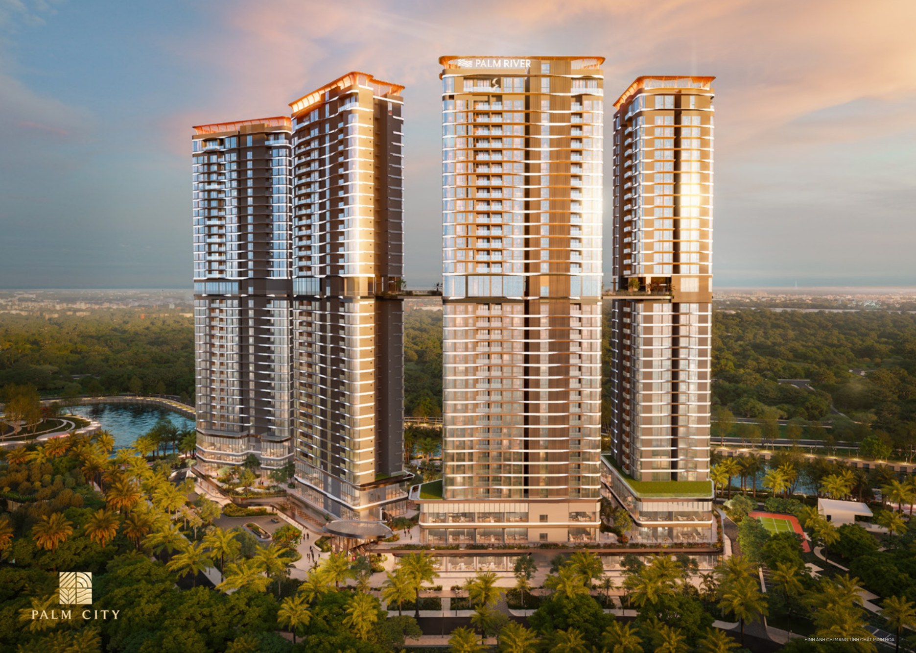 Bốn tòa tháp Palm City trong ánh hoàng hôn