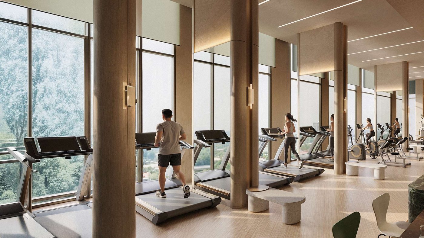 Phòng gym trên cao nhìn ra mảng xanh