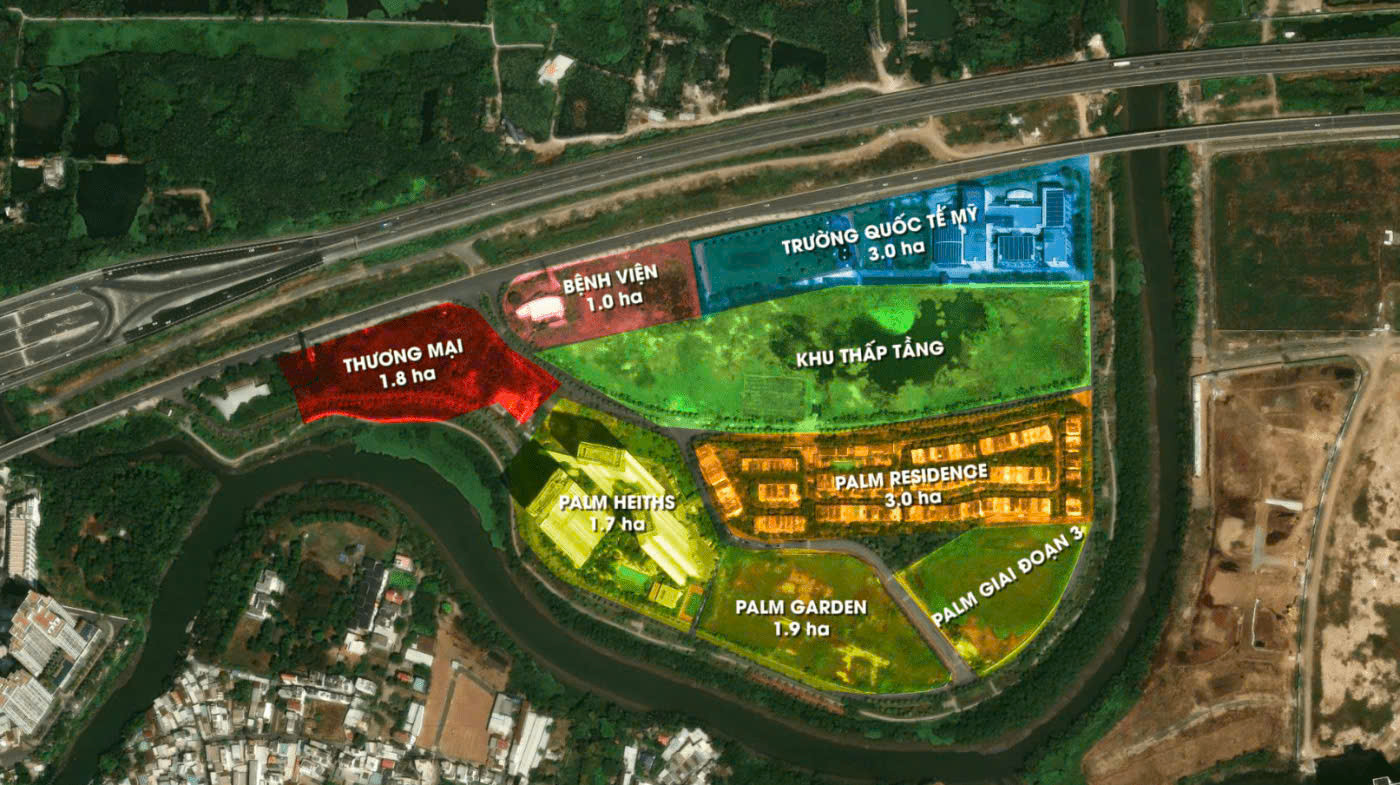 Mặt bằng phân khu tổng thể KĐT Palm City: khu thương mại, bệnh viện, trường Quốc tế Mỹ, Palm Residence, Palm Heights, Palm Garden