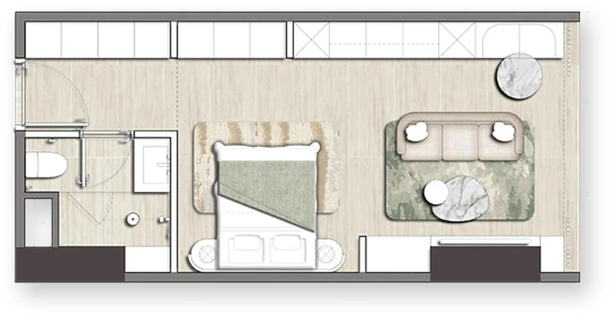 Mặt bằng căn hộ Studio 41,3 m² tim tường — Palm River